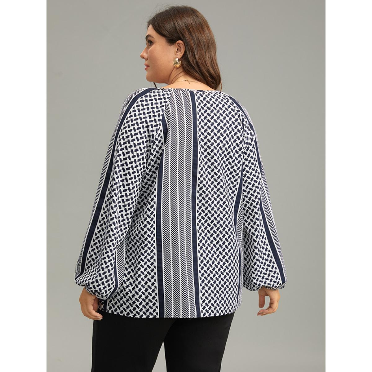 Plus Size Indigo Geo Striped Tie Lantern Sleeve Blouse Women Resort Long Sleeve Tie Neck Vacation Blouses BloomChic 22-24/3X Product Image