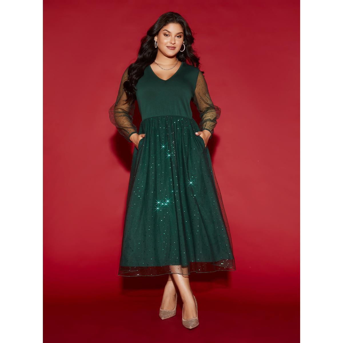 Plus Size Sheer Mesh Shimmering Sequins Maxi Dress Cyan Women Party&Cocktail Texture Party Curvy Bloomchic 26/4X Product Image
