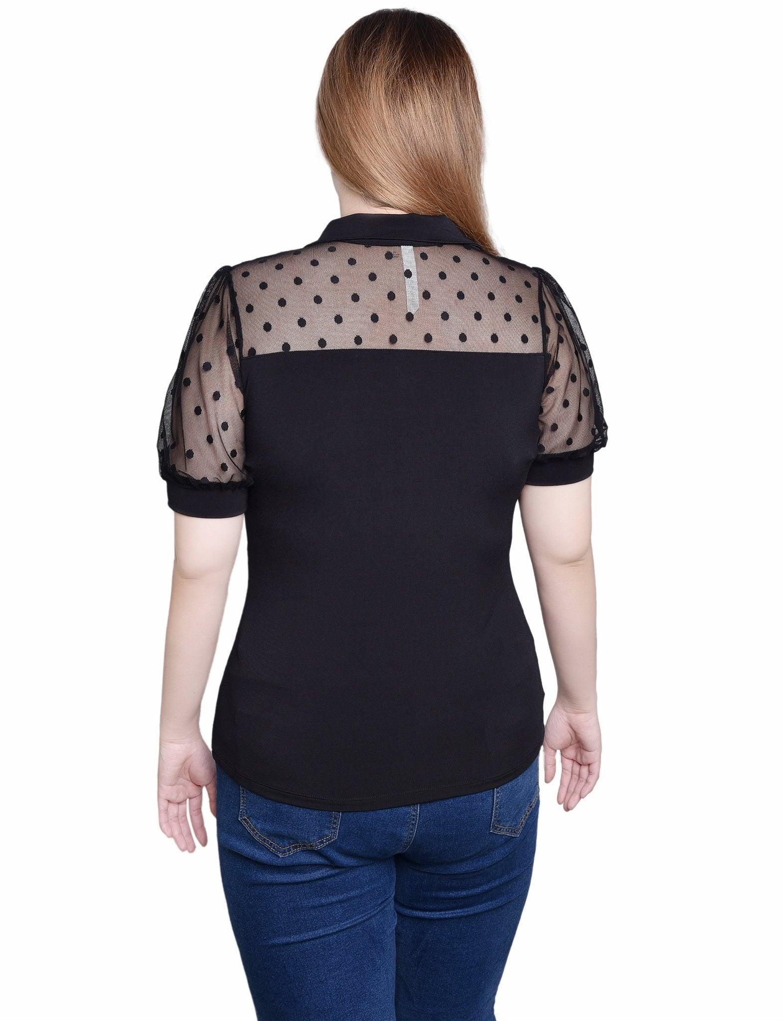 Black Short Sleeve Top With Dotted Mesh - Petite Product Image