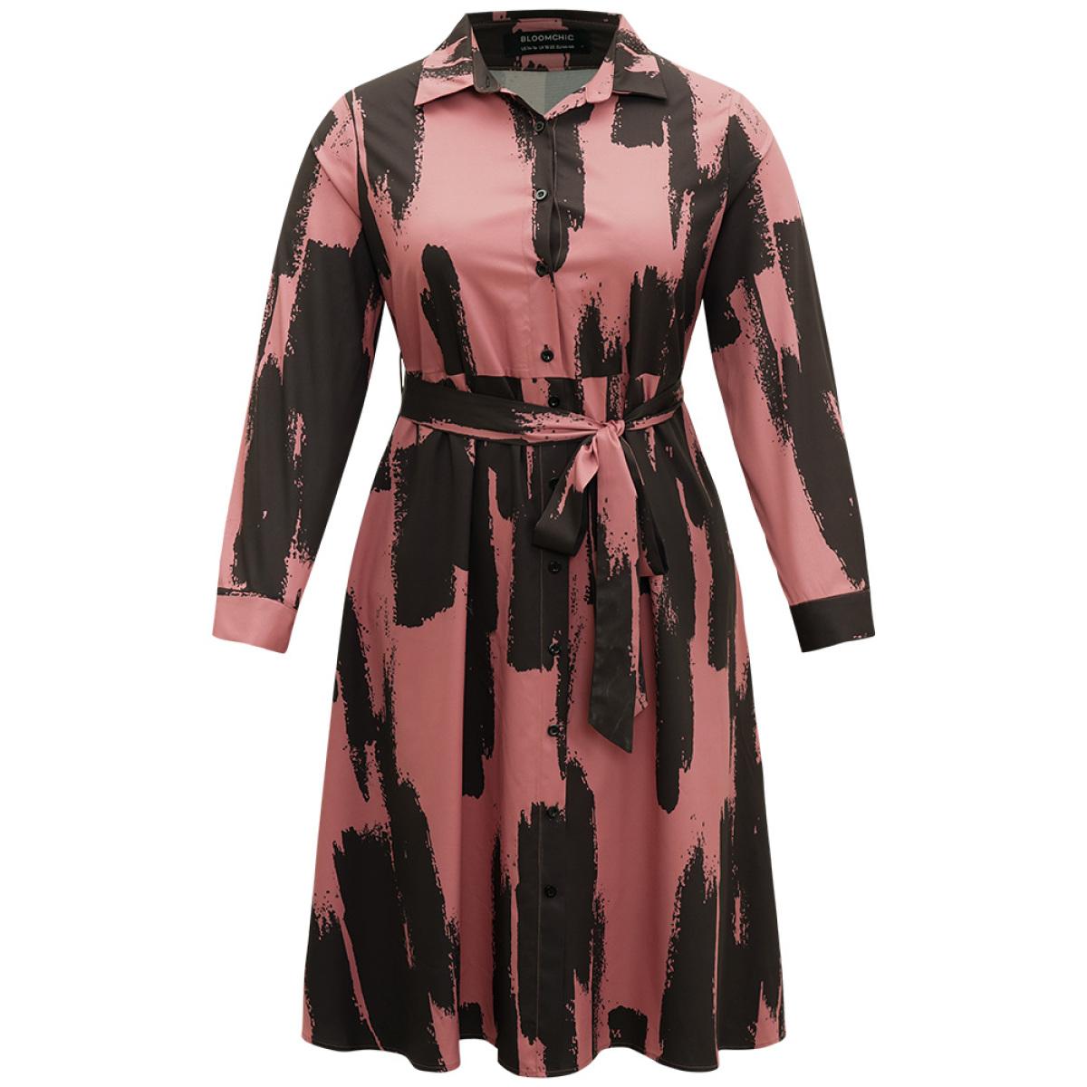Plus Size Brush Print Shirt Collar Pocket Belted Dress Multicolor Women Office Belted Shirt collar Long Sleeve Curvy Midi Dress BloomChic 12/L Product Image