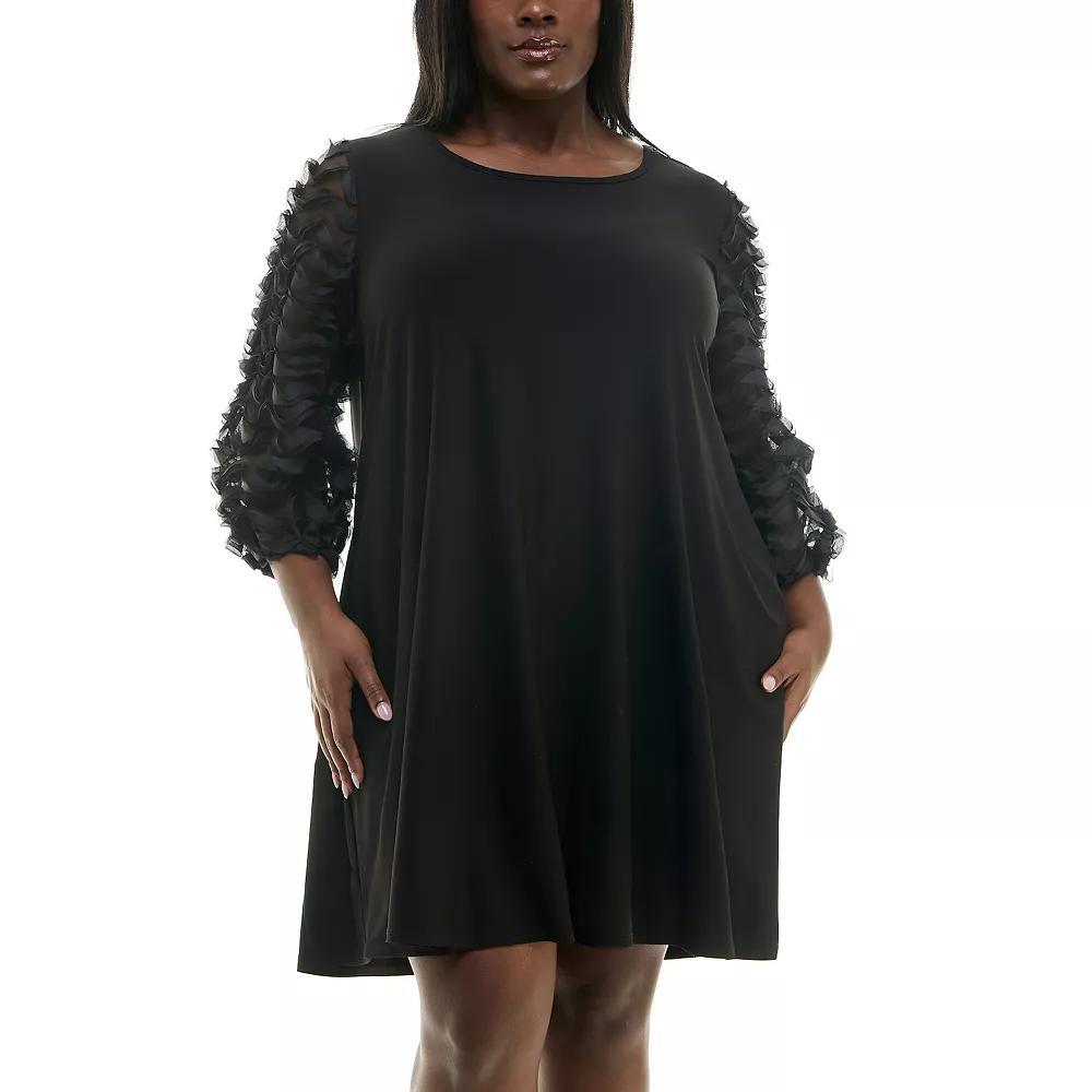 Plus Size Nina Leonard Mesh Textured Balloon Sleeve Mini Trapeze Dress, Women's, Size: 1XL, Black Product Image