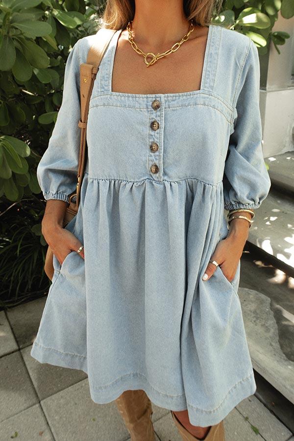 Denim Button Detail Babydoll Mini Dress Product Image