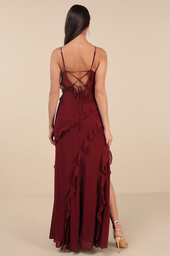 Fancy Sweetness Wine Red Ruffled Lace-Up Sleeveless Maxi Dress Product Image