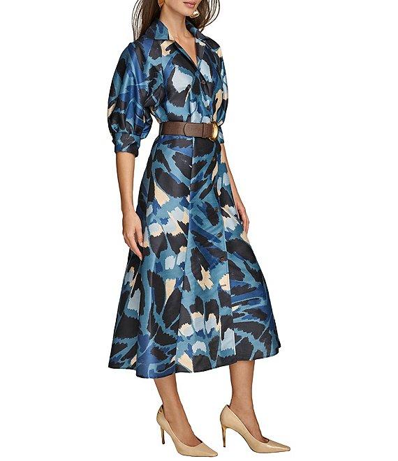 Donna Karan Collared Puff Elbow Sleeve Belted Dupioni A-Line Midi Dress Product Image
