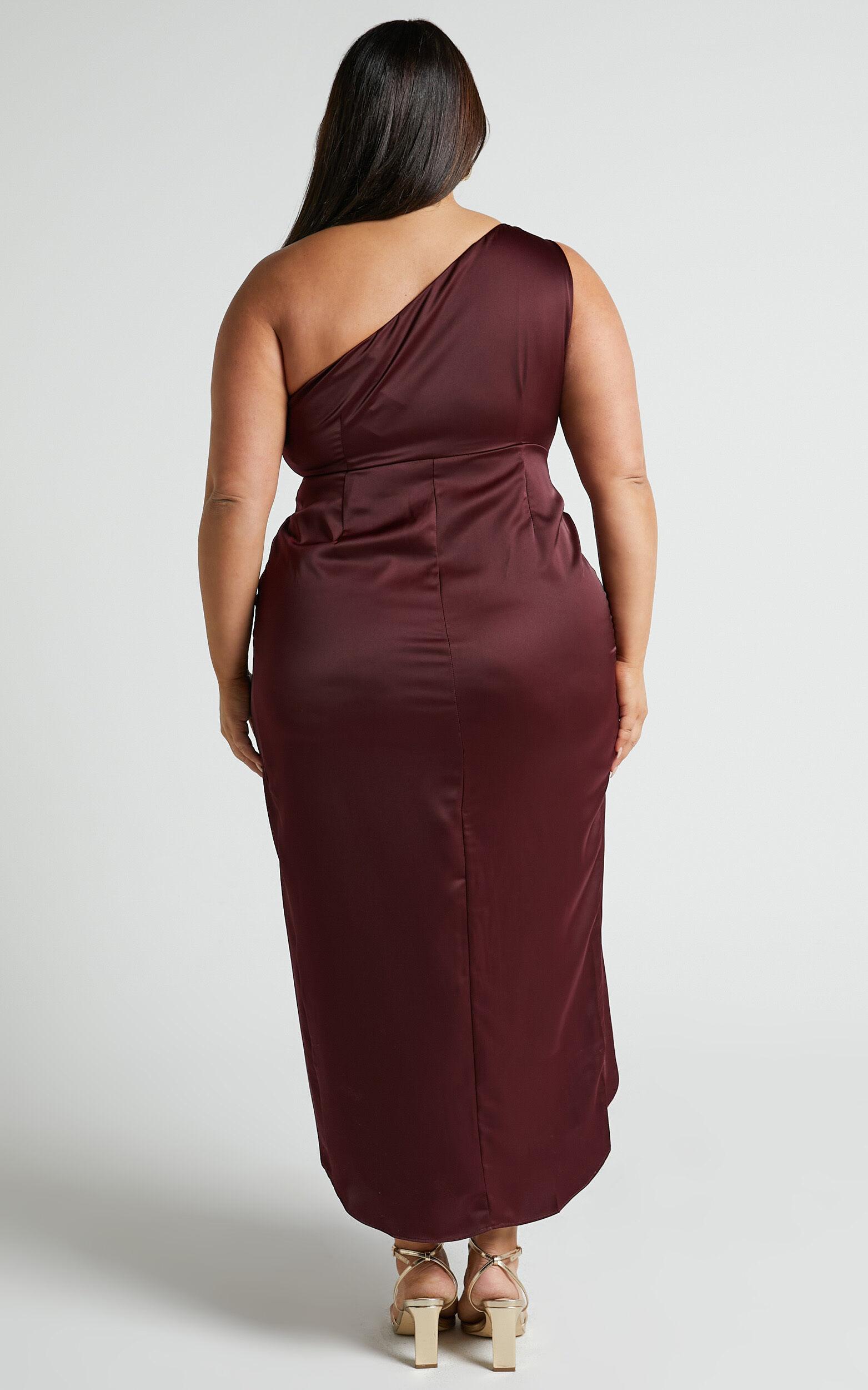 Felt So Happy Midi Dress - One Shoulder Drape Dress in Wine Product Image