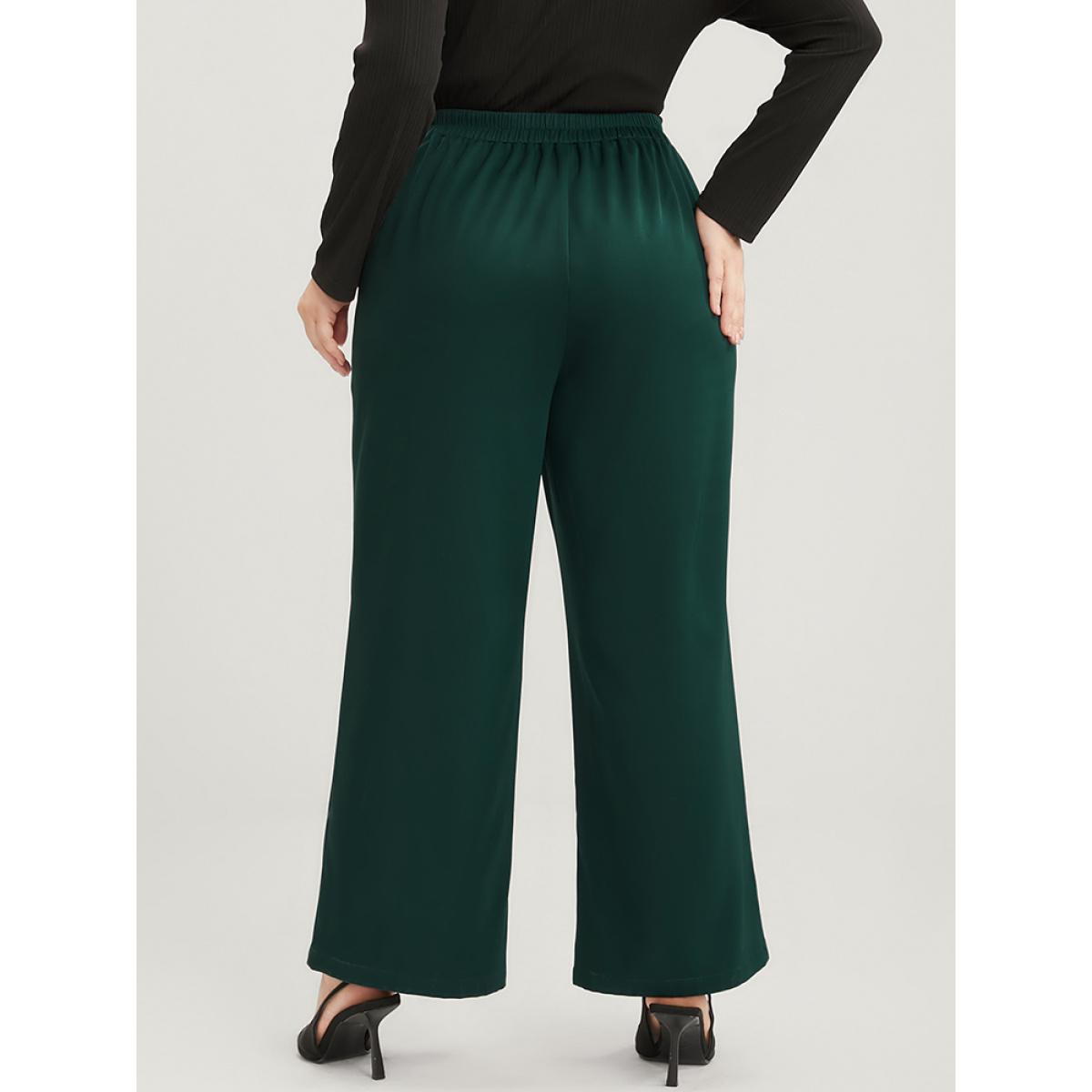 Plus Size Solid O Ring Zipper Pocket Elastic Waist Wide Leg Pants Women DarkGreen Office Wide Leg High Rise Office Pants BloomChic 26/4X Product Image