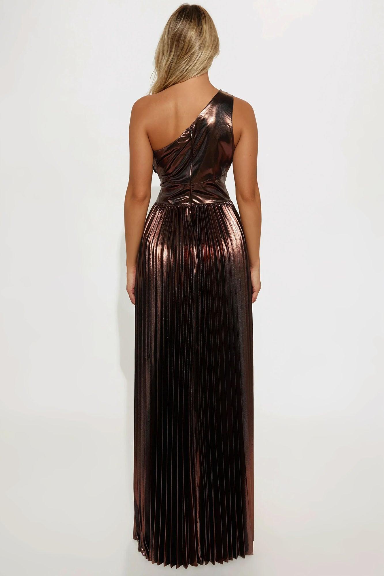 Serena Pleated Metallic Maxi Dress - Brown Female Product Image