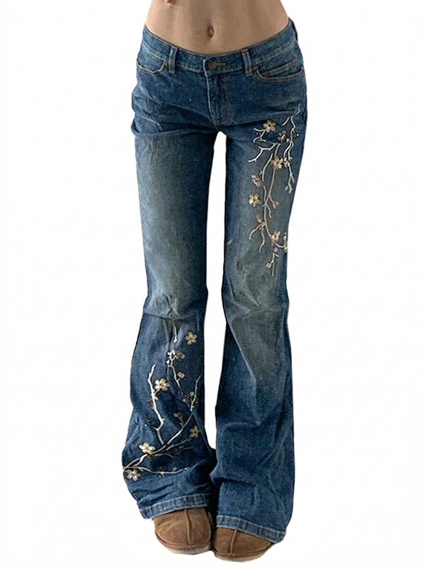 Floral Embroidery Slim Fit Flare Jeans Product Image