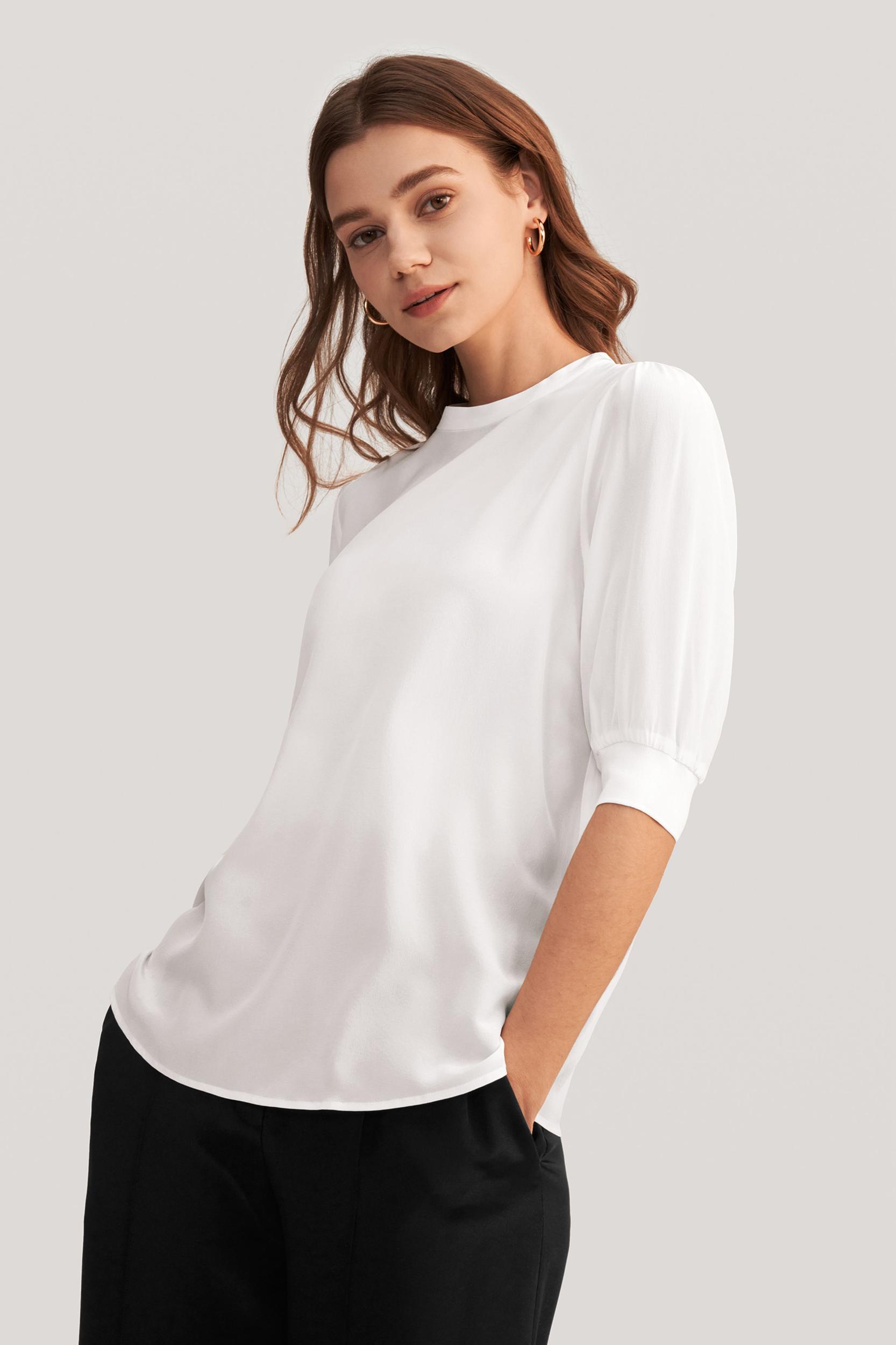 Elegant Casual Silk Tee With Rib Cuff Product Image
