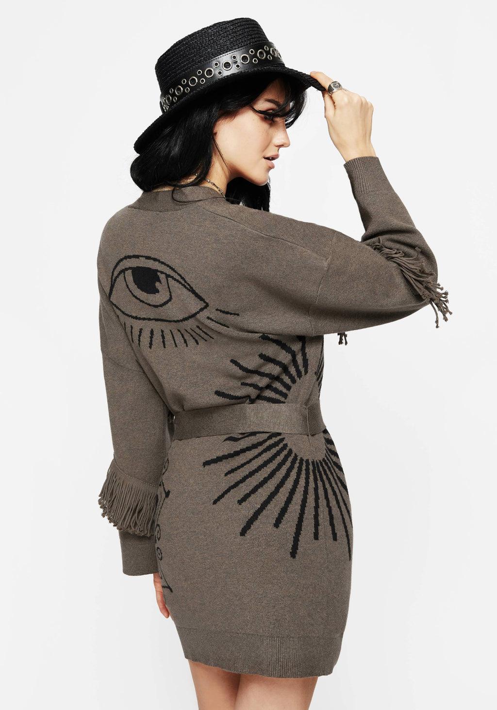 Iris Flare Sleeve Longline Fringe Knit Cardigan Product Image