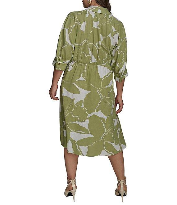 Donna Karan Plus Size Floral Print Midi Shirt Dress Product Image