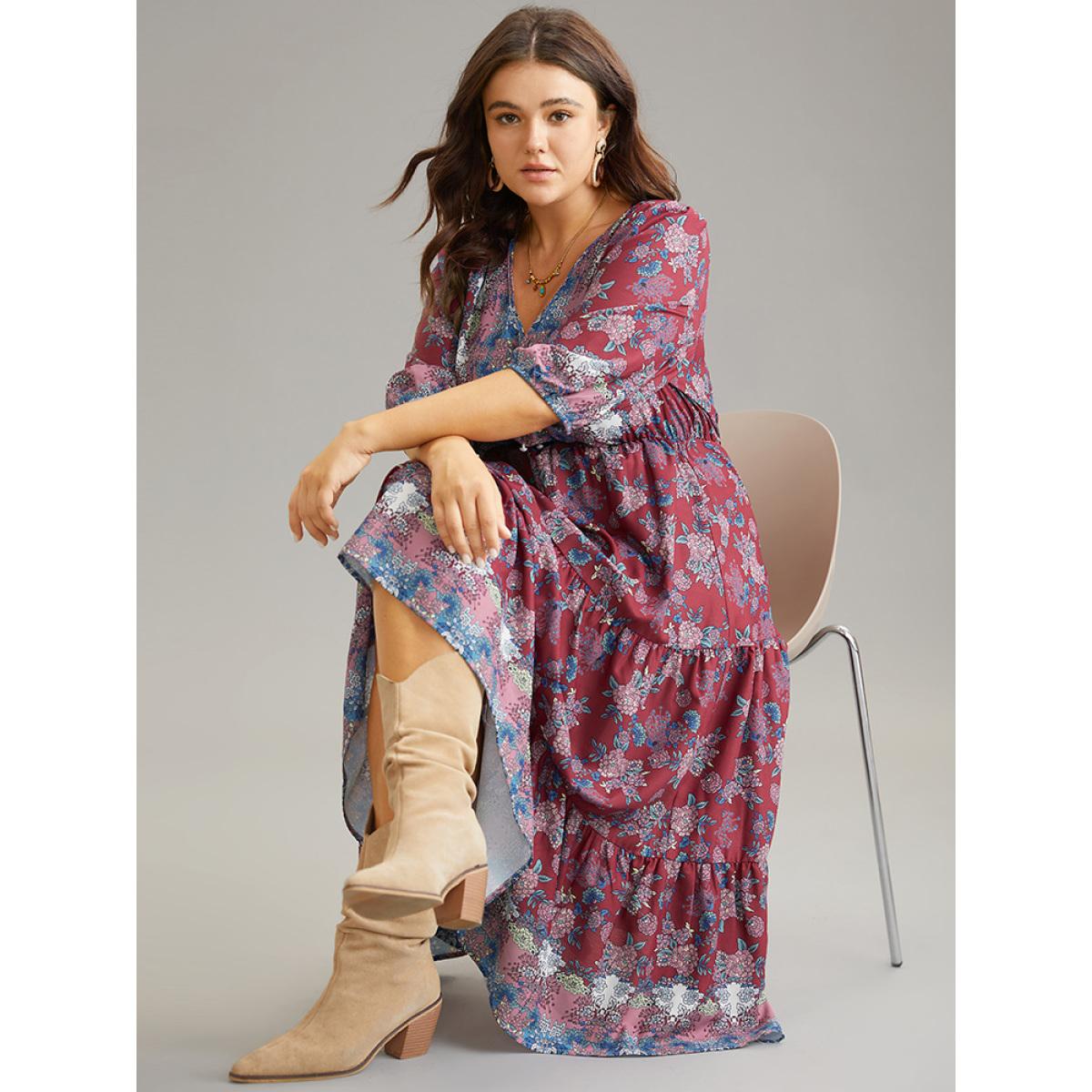 Plus Size Boho Print Button Detail Ruffle Layered Hem Dress RedViolet Women Resort Elastic cuffs V-neck Elbow-length sleeve Curvy Midi Dress BloomChic 22-24/3X Product Image