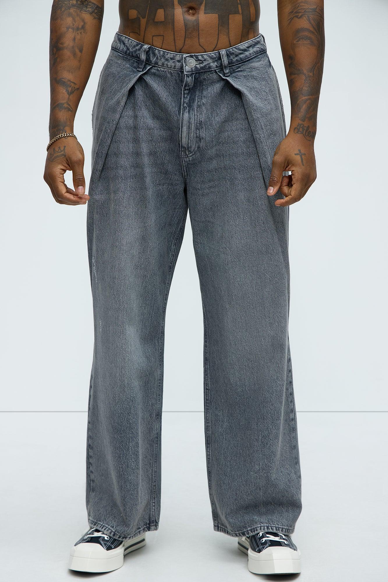 Boxed Pleated Baggy Jeans - Black Wash Product Image