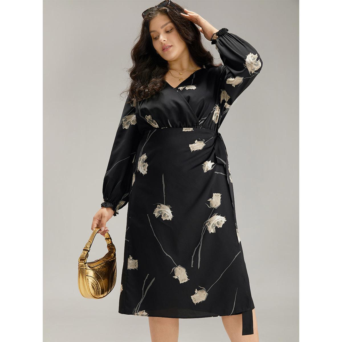 Plus Size Geometric Wrap Ties Lantern Sleeve Dress BlackFlower Women Office Cross straps V-neck Long Sleeve Curvy Midi Dress BloomChic 22-24/3X Product Image