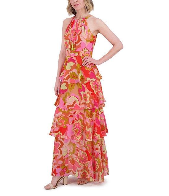 Eliza J Chiffon Floral Swirl Print Halter Neck Sleeveless Ruffle Maxi Dress Product Image