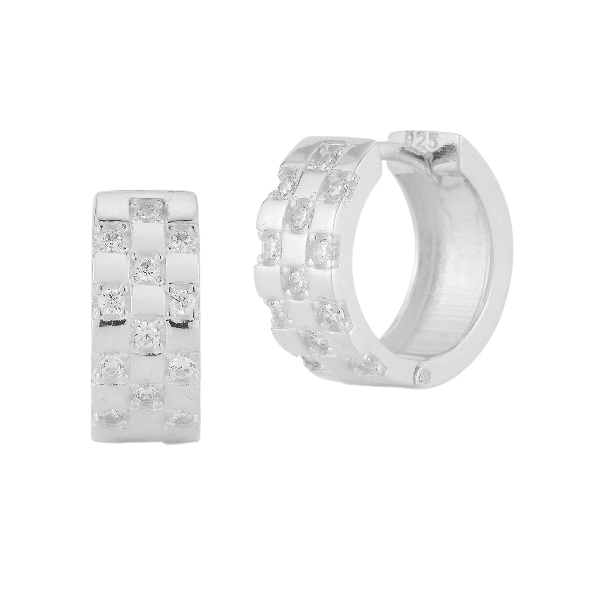 Sunkissed Sterling 14k Gold Over Cubic Zirconia Checkered Huggie Earrings, Womens, Silver Tone Product Image