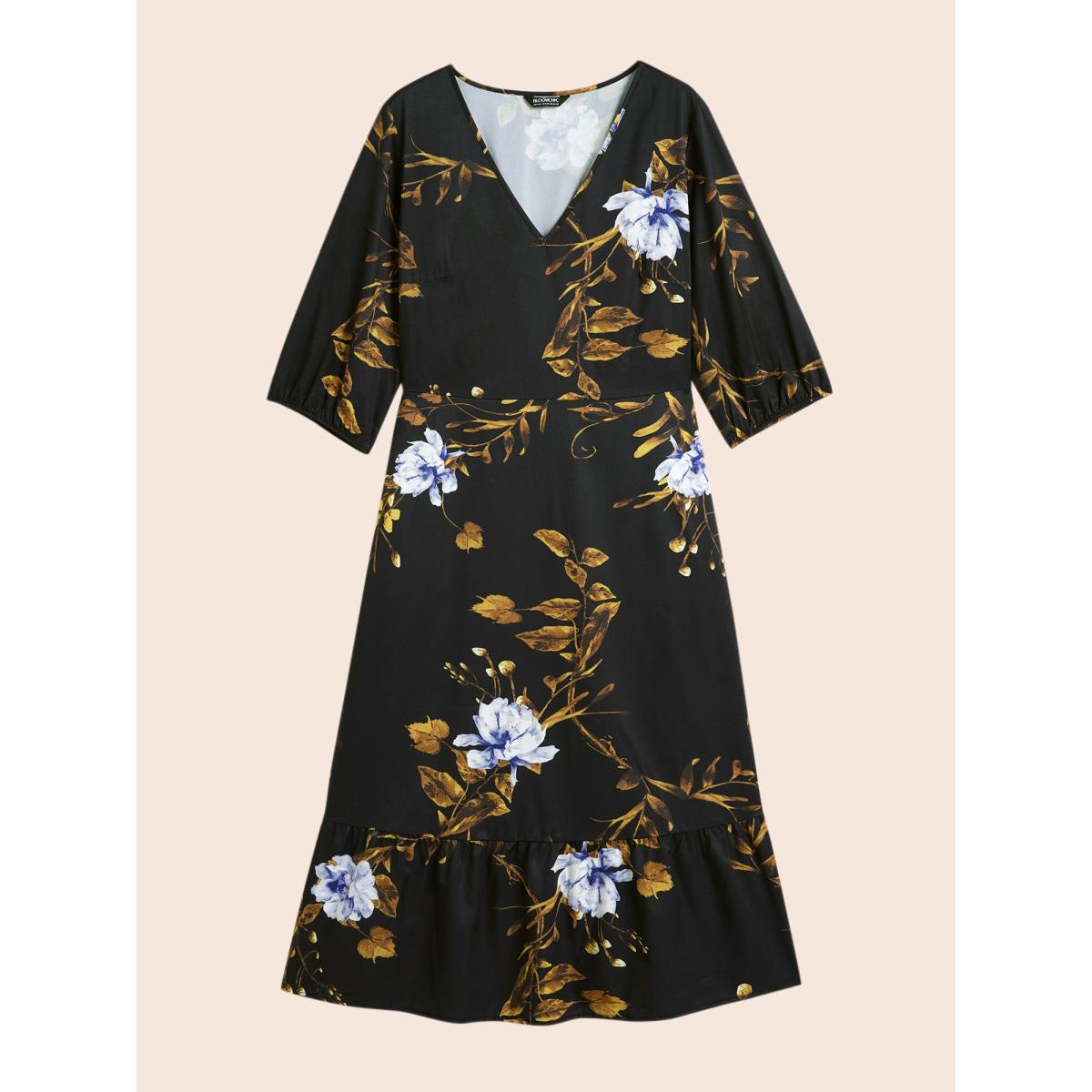 Plus Size Floral Print V Neck Lantern Sleeve Dress BlackFlower Women Elegant Non V-neck Elbow-length sleeve Curvy BloomChic 30/6X Product Image