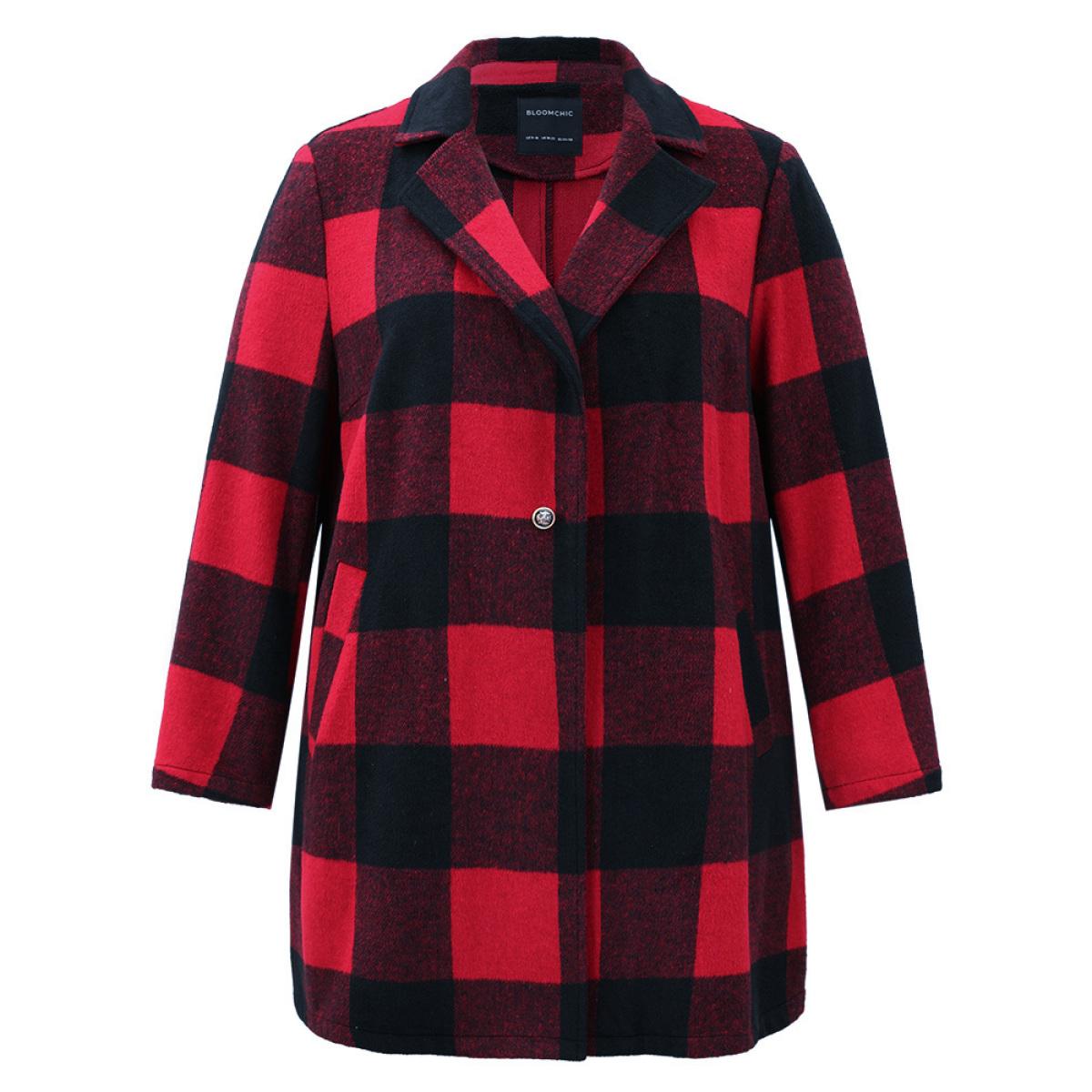 Plus Size Plaid Print Button Down Pocket Tunic Coat Women Crimson Casual Contrast Ladies Dailywear Winter Coats BloomChic 30/6X Product Image