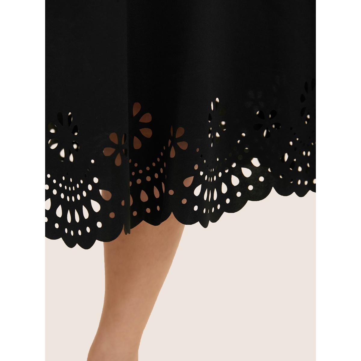 Plus Size Laser Cut Elastic Waist Pocket Skirt Women Black Formal Cut-Out Medium stretch Side seam pocket Party Skirts BloomChic 12/L Product Image