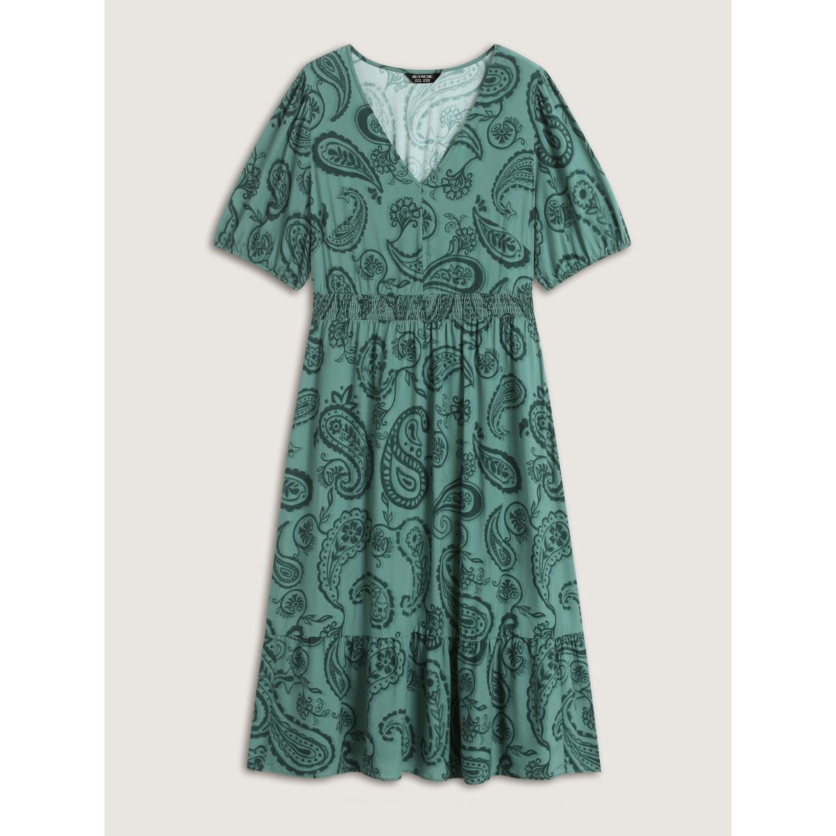 Plus Size Paisley Print Shirred Waist Midi Dress Teal Women Boho V-neck Short sleeve Curvy BloomChic 12/L Product Image