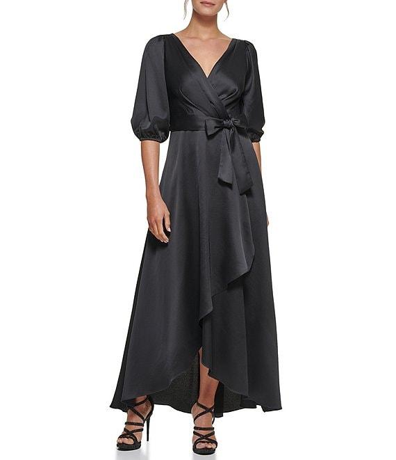 DKNY by Donna Karan 3/4 Balloon Sleeve Surplice V-Neck Faux Wrap Gown Product Image