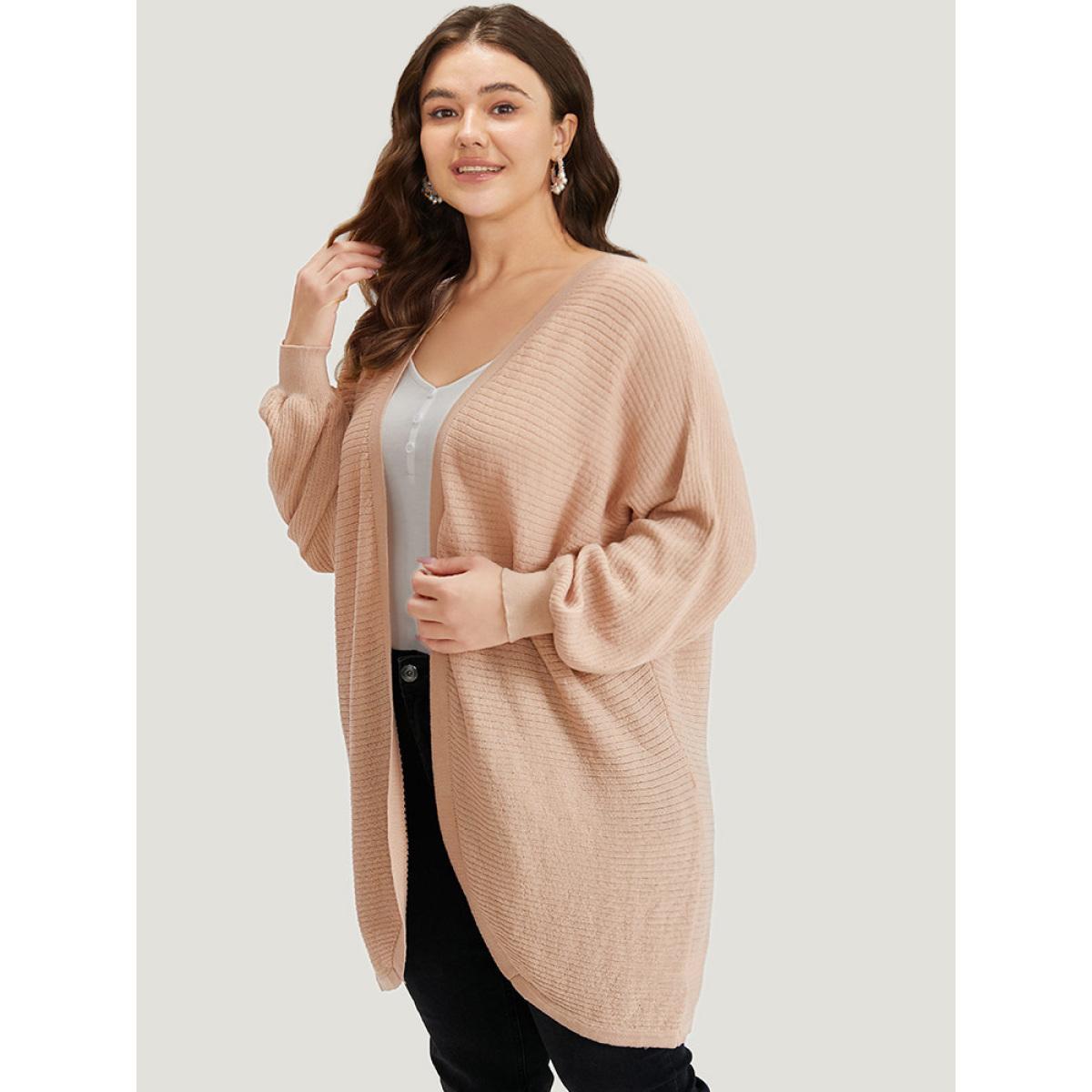 Plus Size Plain Textured Curved Hem Cardigan Champagne Women Casual Loose Long Sleeve Everyday Cardigans BloomChic 10/M Product Image