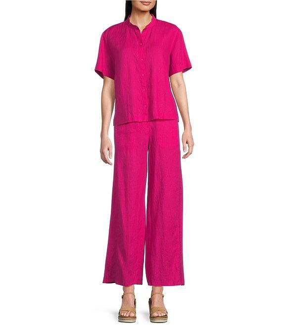 Eileen Fisher Organic Handkerchief Linen Mandarin Collar Short Sleeve Top Product Image