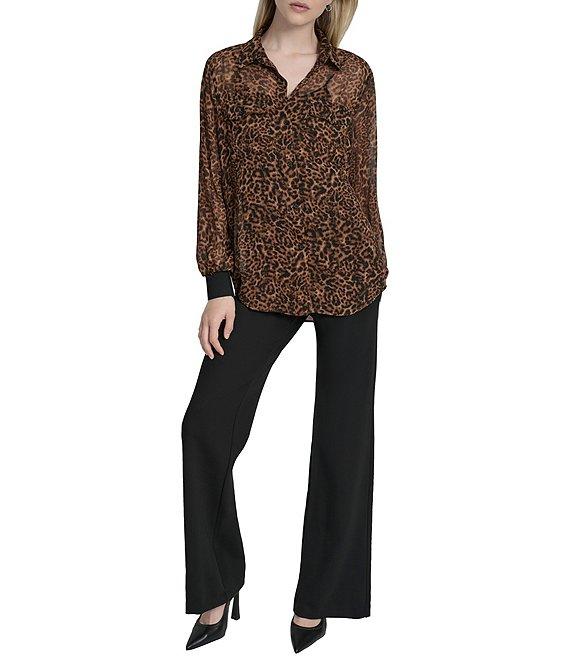 DKNY by Donna Karan Cheetah Print Crinkle Chiffon Long Sleeve Collared Button Front Blouse Product Image