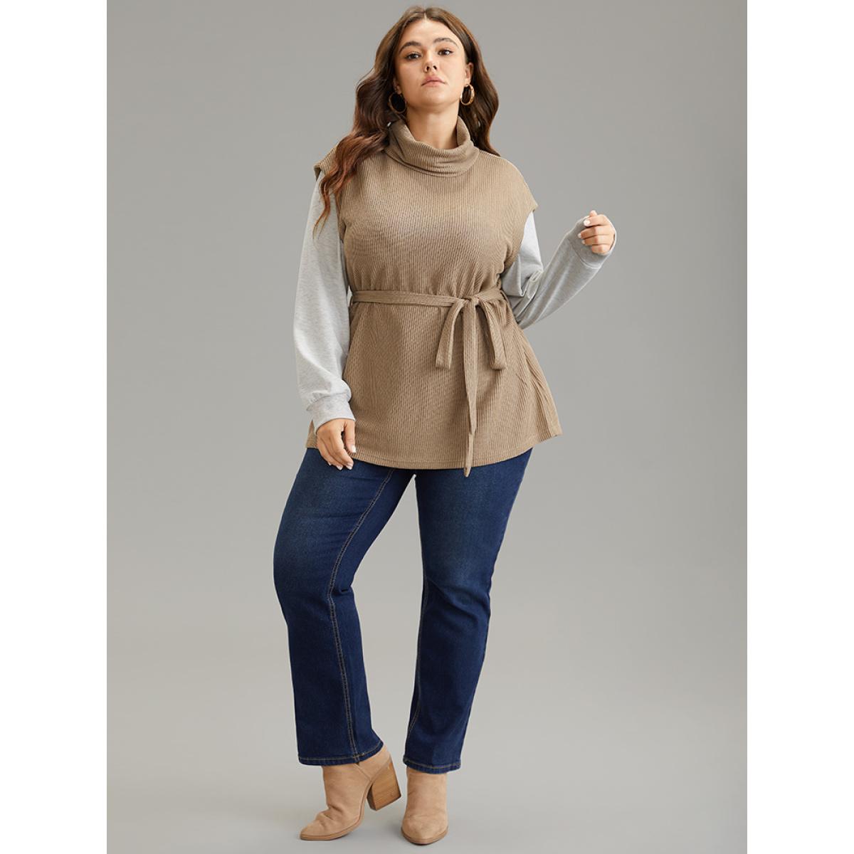 Plus Size 2-In-1 Turtleneck Texture Patchwork Belted Sweatshirt Women LightBrown Casual Texture Turtleneck Dailywear Sweatshirts BloomChic 10/M Product Image