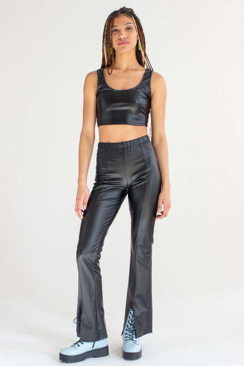 Black Split Front Pleather Bell Bottoms Product Image
