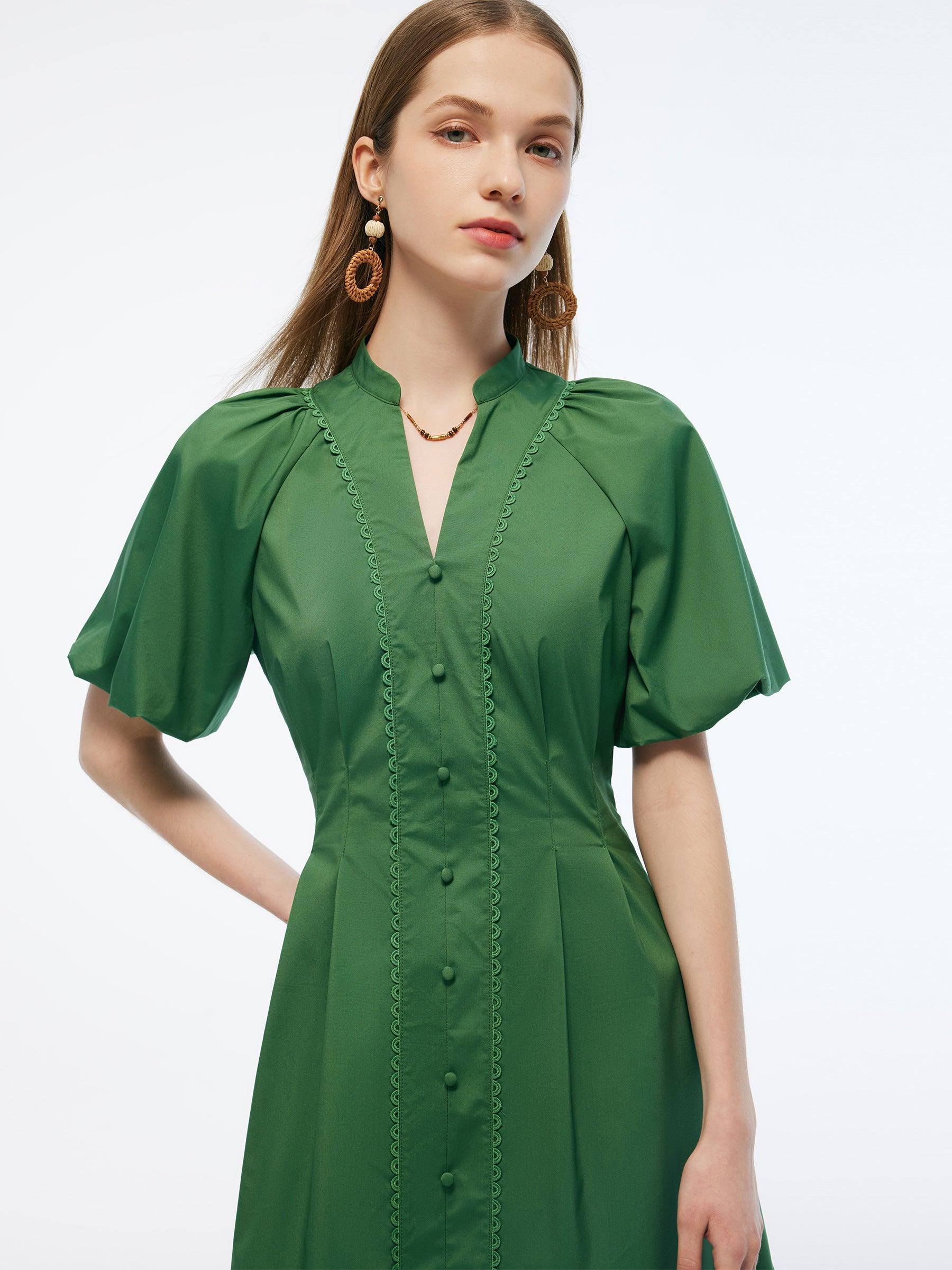 Gathered Waist Puff Sleeve Women Midi Dress Product Image