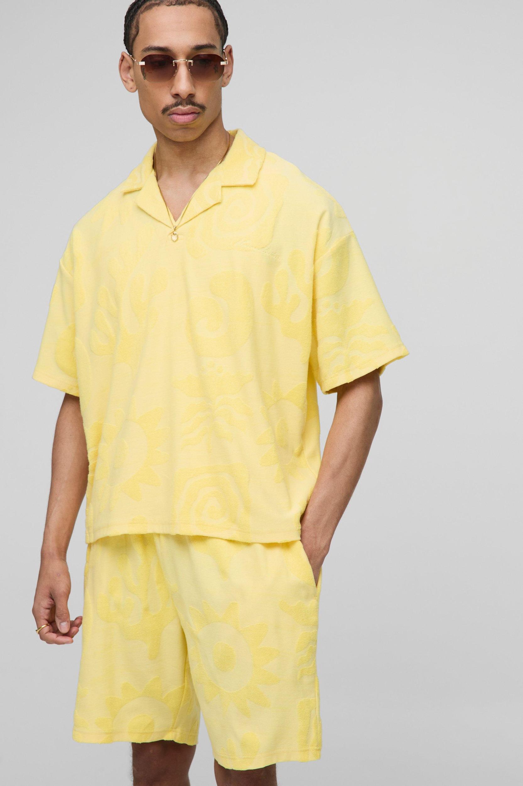 Oversized Boxy Jacquard Towelling Polo & Short Set | boohooMAN USA Product Image
