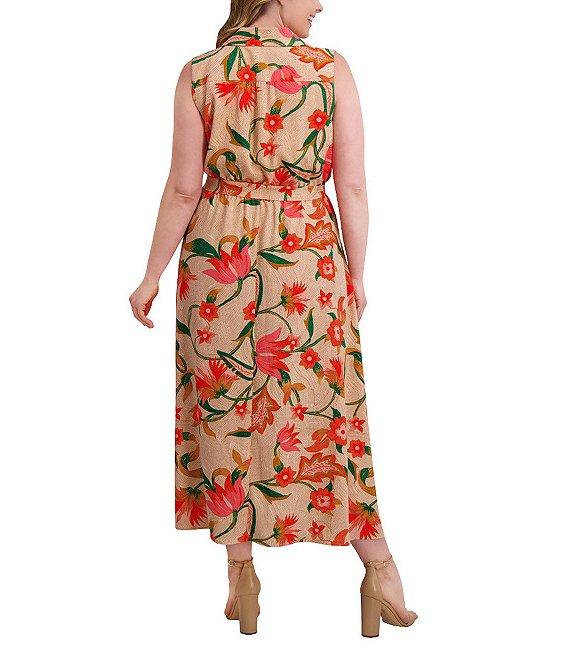 Kensie Plus Size Floral Print Belted Textured Woven Dress Product Image