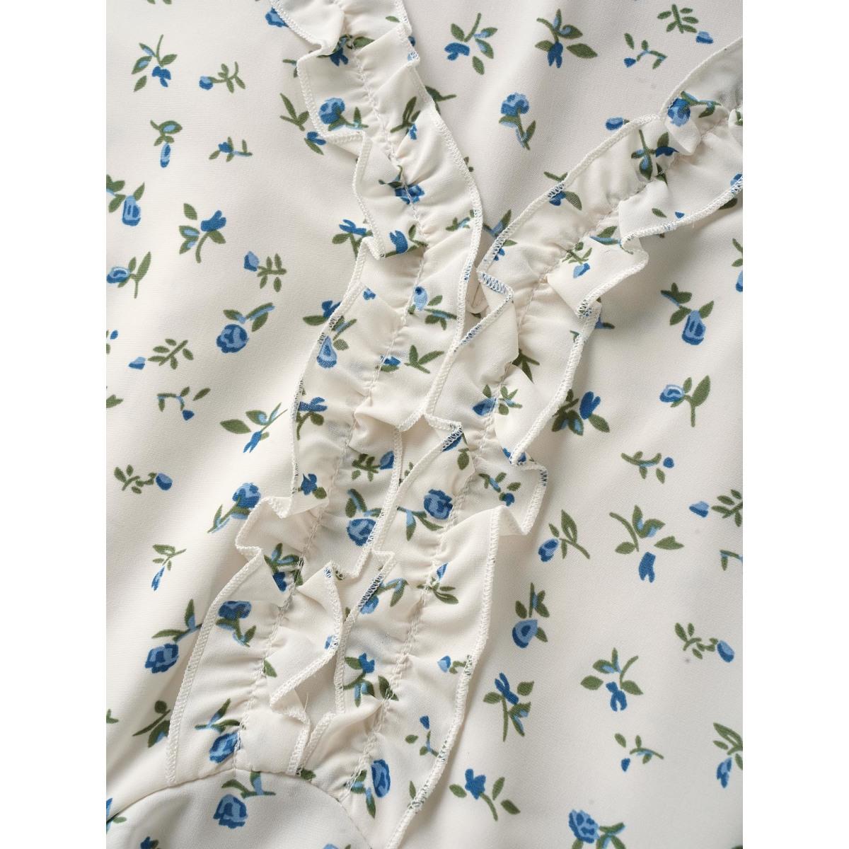 Plus Size White V Neck Ditsy Floral Frill Trim Blouse Women Elegant Short sleeve V-neck Everyday Blouses BloomChic 14-16/1X Product Image