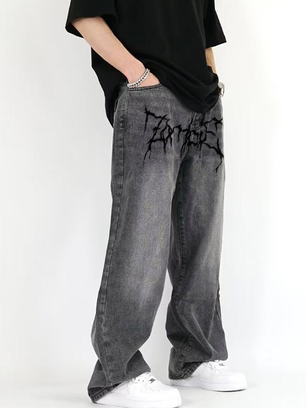 Men's Washed Crackle Print Loose Jeans Product Image