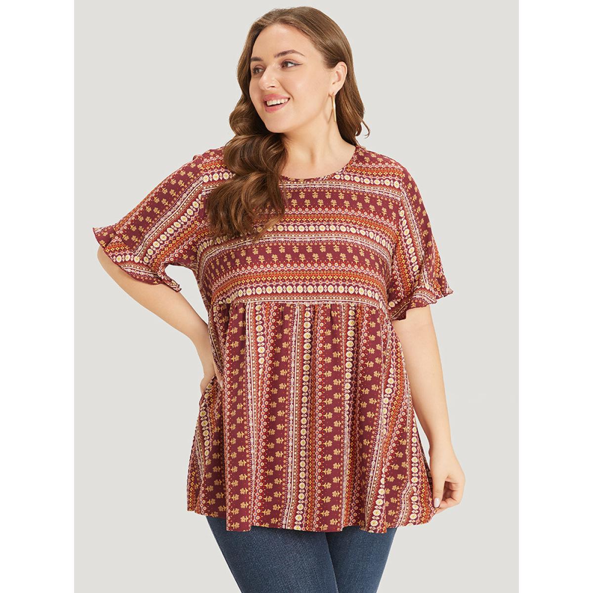 Plus Size Russet Bandana Patchwork Ruffle Sleeve Blouse Women Vacation Short sleeve Round Neck Dailywear Blouses BloomChic 10/M Product Image