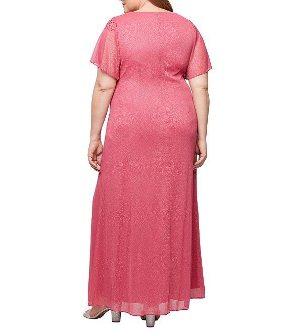 Ignite Evenings Plus Size Short Sleeve Round Neck Front Slit Glitter Jersey Dress Product Image