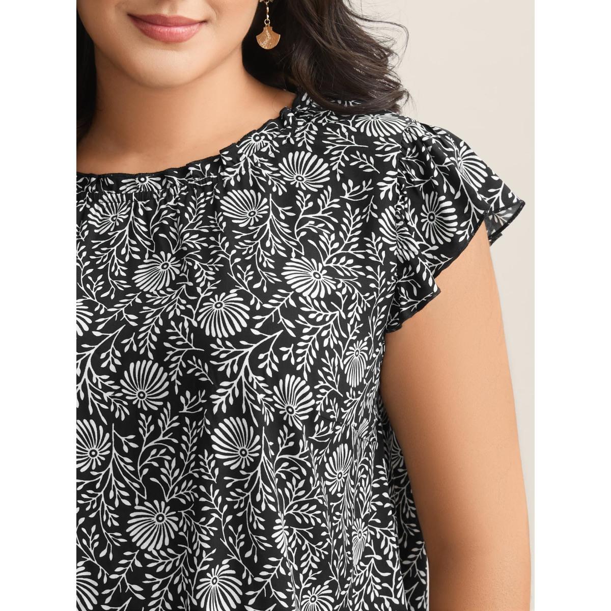 Plus Size Black Floral Print Ruffled Neck Blouse Women Cap Sleeve Mock Neck Vacation Blouses BloomChic 12/L Product Image