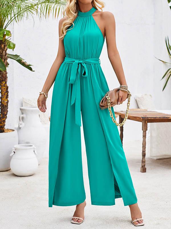 High Waisted Loose Pleated Solid Color Split-Front Tied Waist Halter-Neck Jumpsuits Product Image