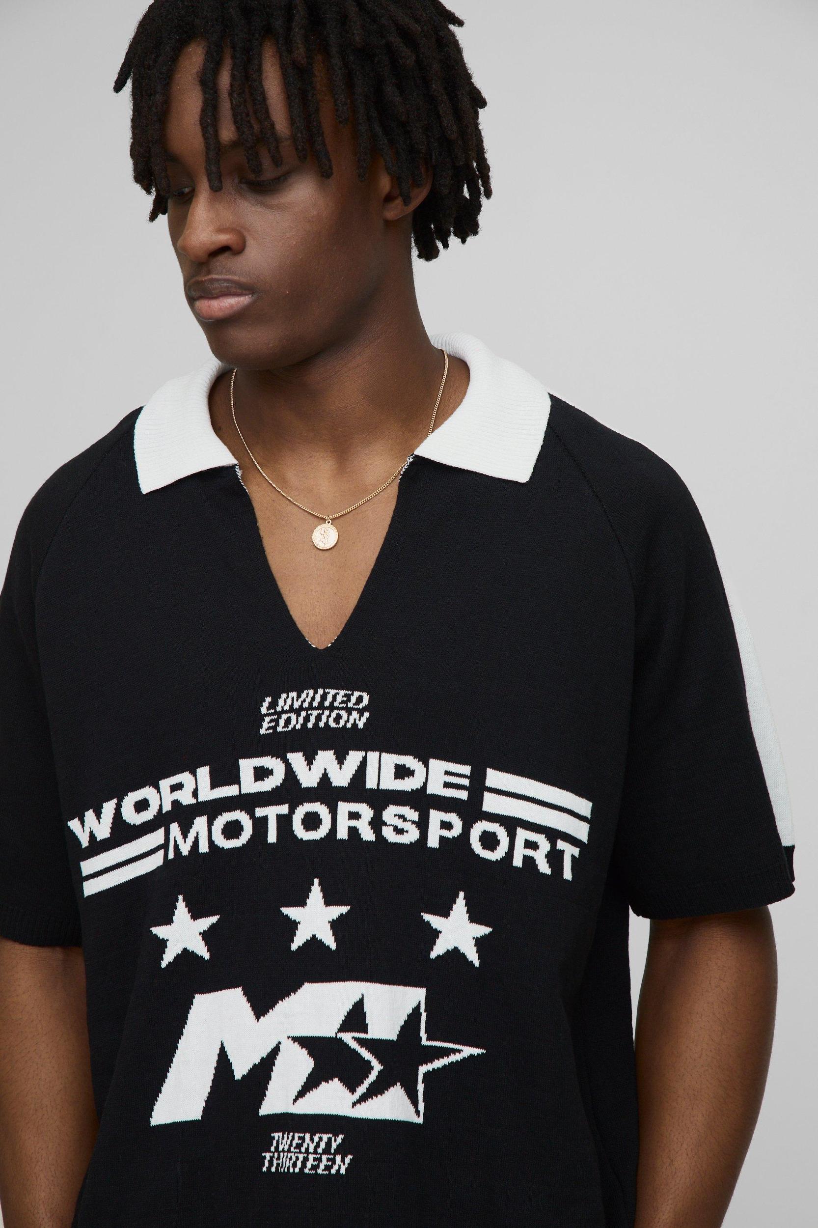 Worldwide Oversized Boxy Moto Jacquard Knitted Polo | boohooMAN USA Product Image