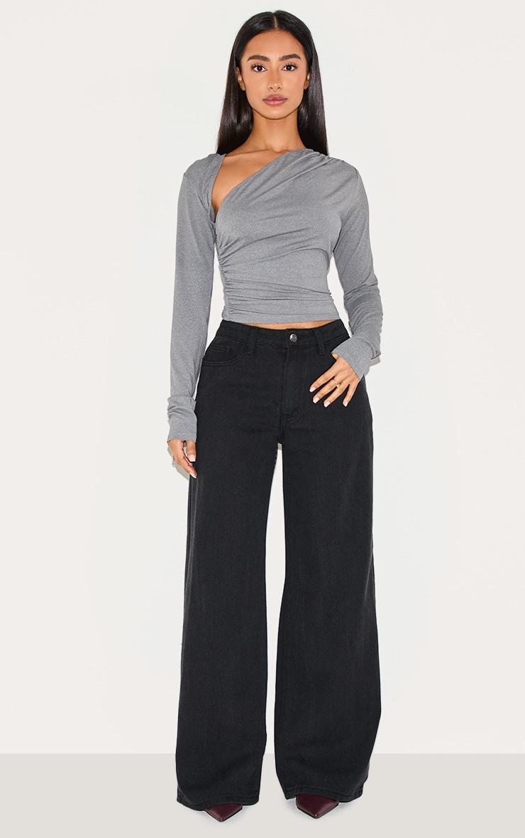 Petite Charcoal Slinky Long Sleeve Ruched Side Top Product Image