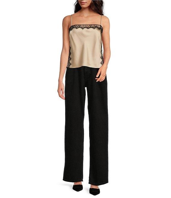 Gianni Bini Theo Denim Two Tone Contrast Buckle Waist High Rise Wide Leg Jeans Product Image