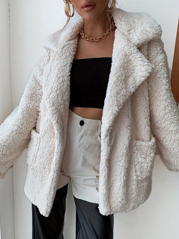 Long Sleeves Loose Buttoned Pockets Solid Color Velvet Notched Collar Outerwear Product Image