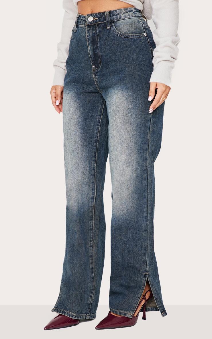 Petite Grey Used Bleach Split Hem Jeans Product Image