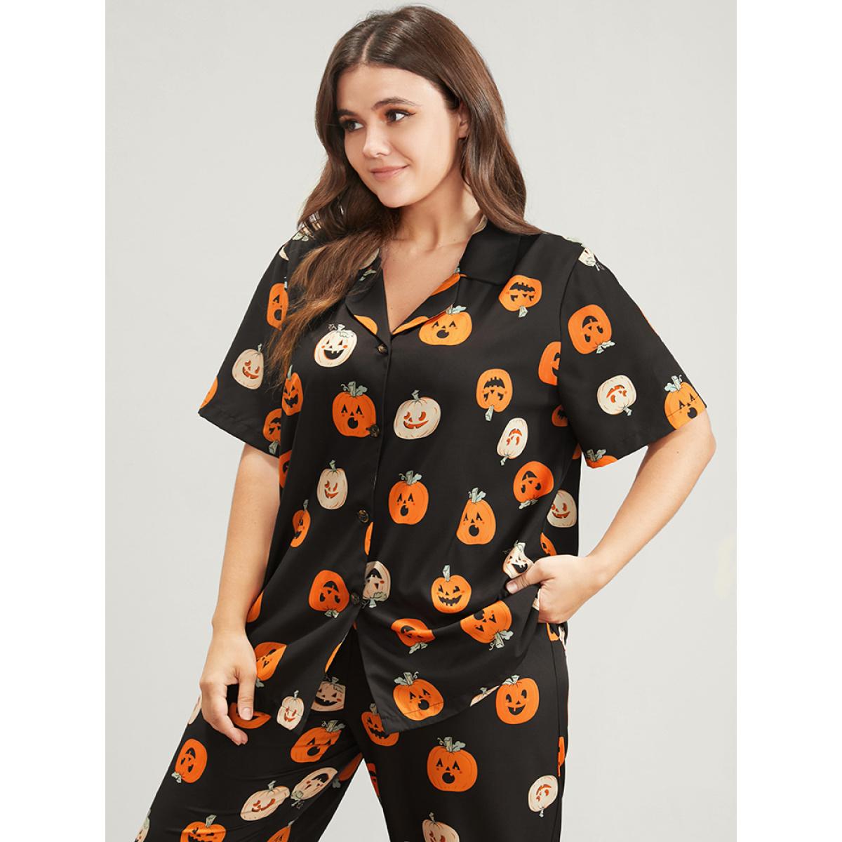 Plus Size Halloween Pumpkin Print Lapel Collar Button Pajama Set Women Black Graphic-Halloween Printed Short sleeve Lapel Collar Casual Loungewear Sets BloomChic 28/5X Product Image