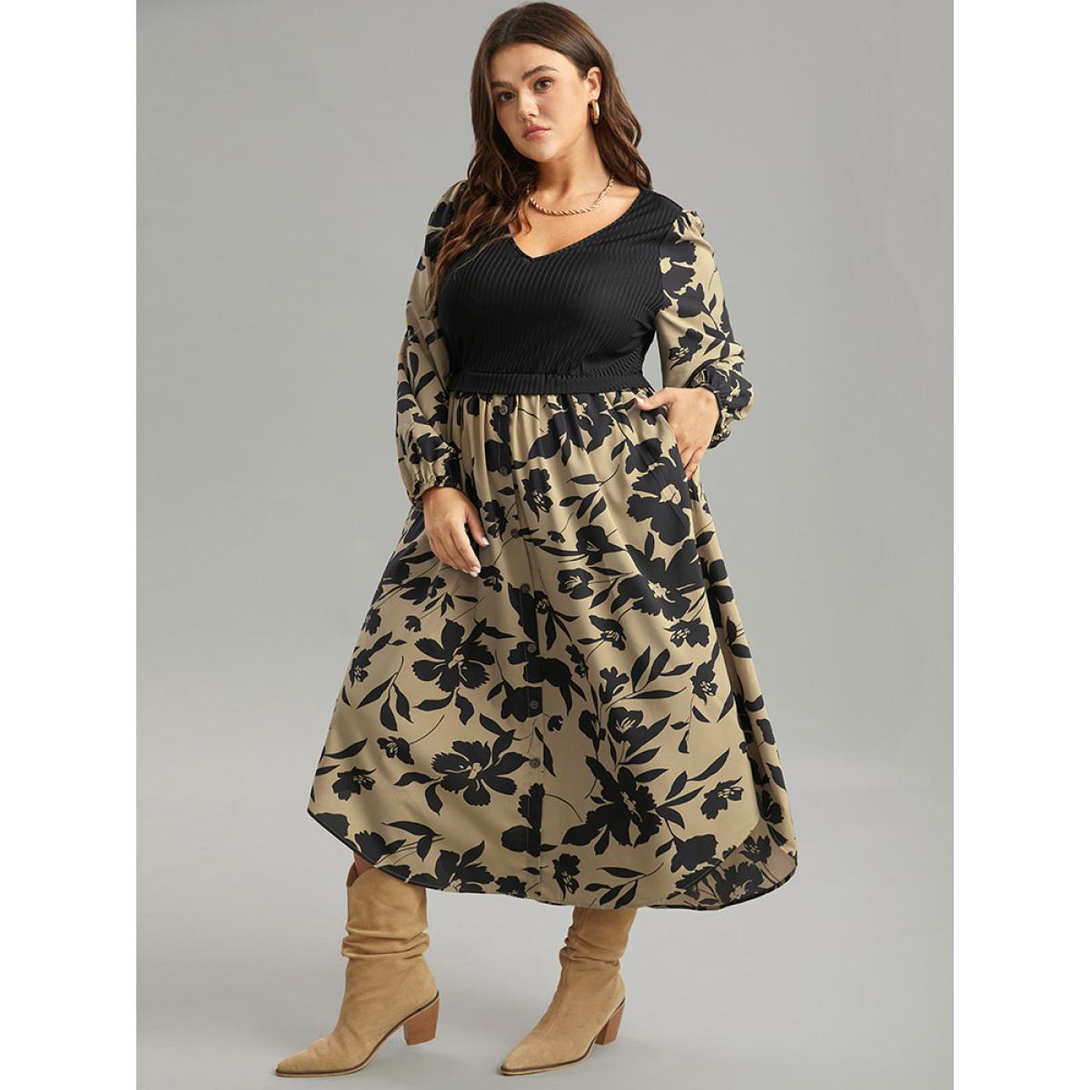 Plus Size Silhouette Floral Print Rib Knit Patchwork Dress LightBrown Women Elegant Elastic cuffs V-neck Long Sleeve Curvy Midi Dress BloomChic 18-20/2X Product Image