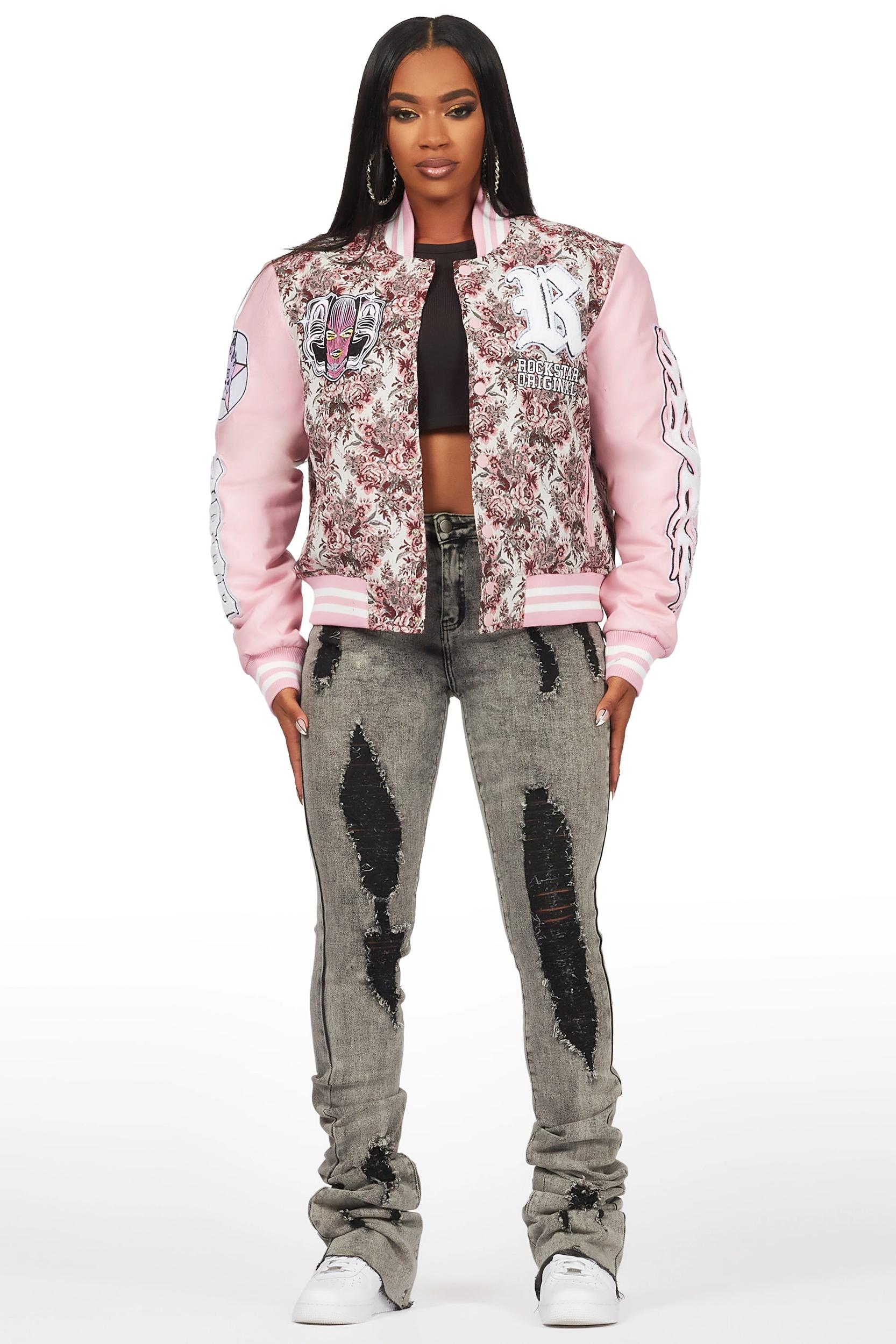 Lakiela Pink Oversized Tapestry Varsity Jacket Female Product Image