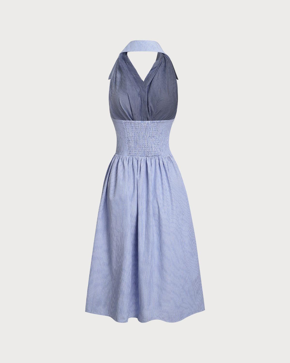 Blue Striped Twist Backless Midi Dress Product Image