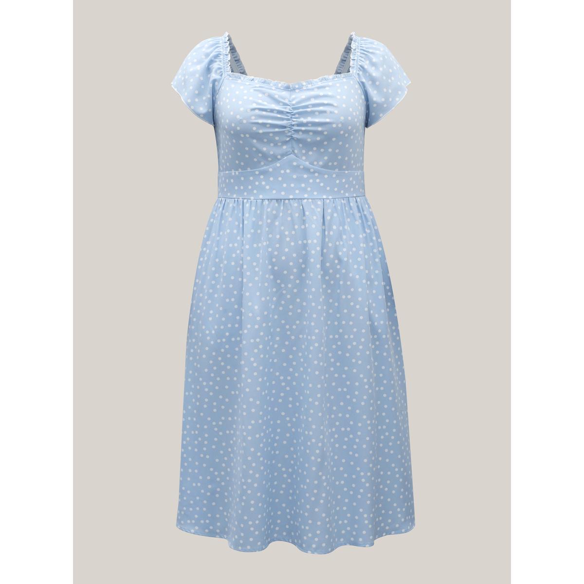 Plus Size Ruffle Trim Polka Dots Pockets Midi Dress LightBlue Women Non Short sleeve Curvy BloomChic 30/6X Product Image