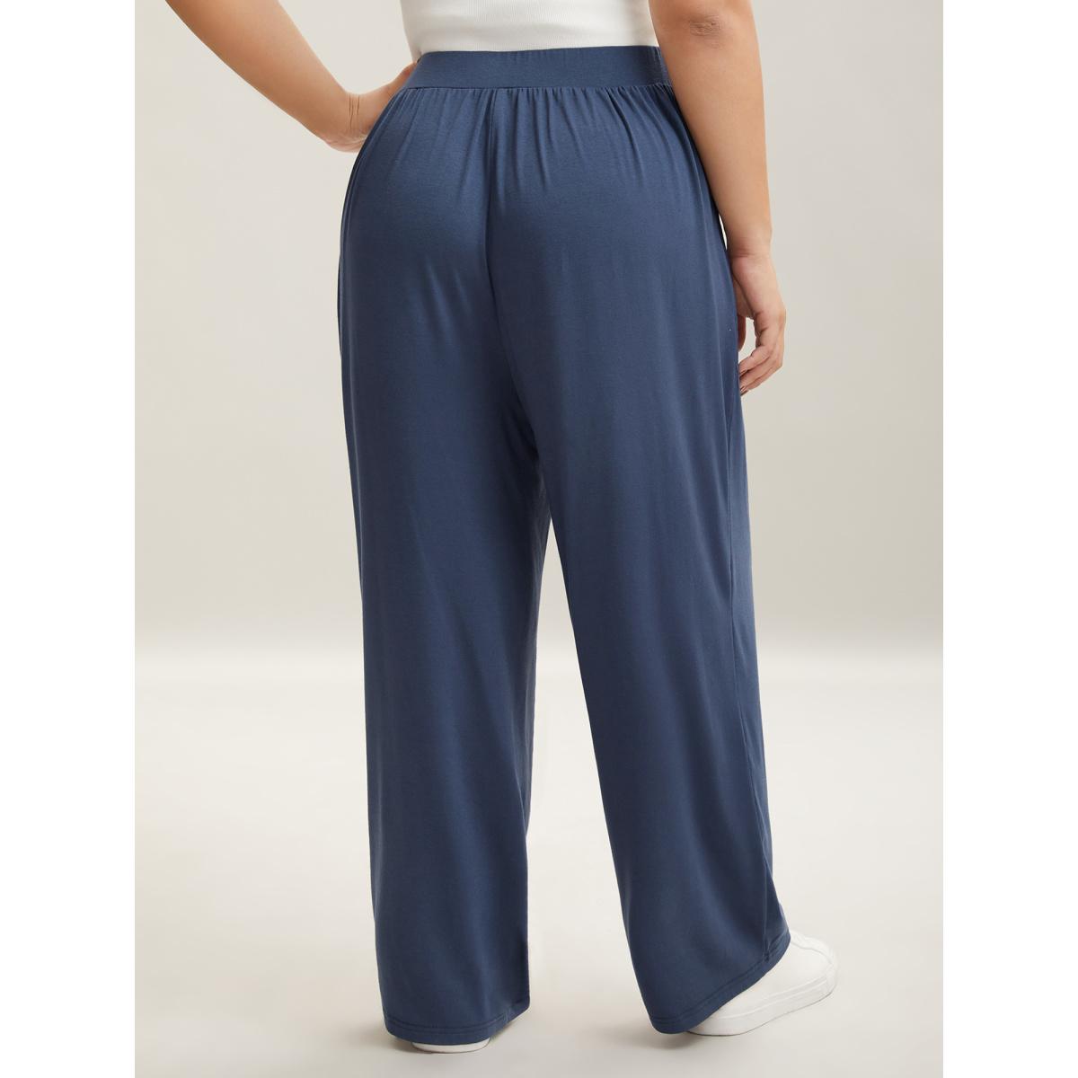 Plus Size Button Front Pleated Comfy Fit Pants Women Indigo Casual Wide Leg Mid Rise Everyday Pants BloomChic 28/5X Product Image